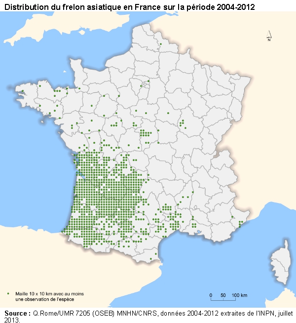 Distribution du frelon asiatique en France sur la période 2004-2012