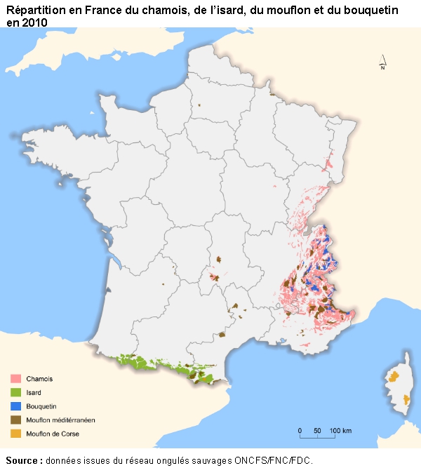Répartition en France du chamois, de l’isard, du mouflon et du bouquetin en 2010