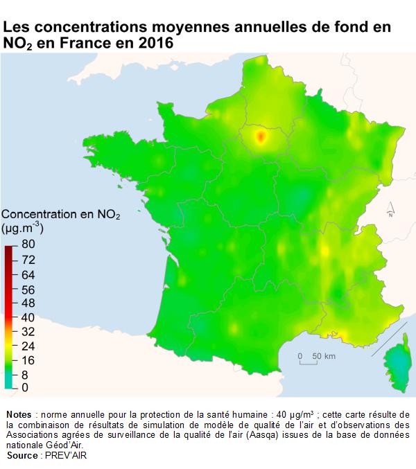 Carte : Les concentrations moyennes annuelles de fond en NO2 en France en 2016