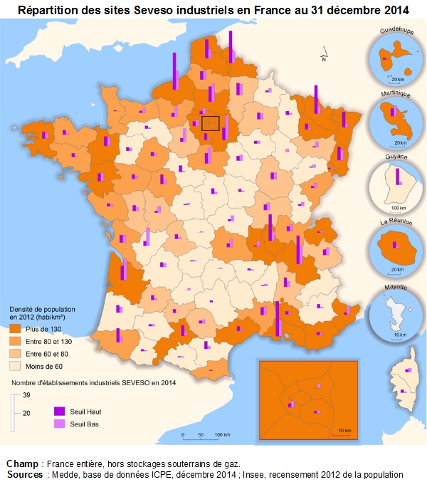 Carte : Répartition des sites Seveso industriels en France au 31 décembre 2014