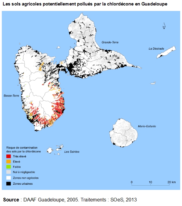 Carte : Les sols agricoles potentiellement pollués par la chlordécone en Guadeloupe