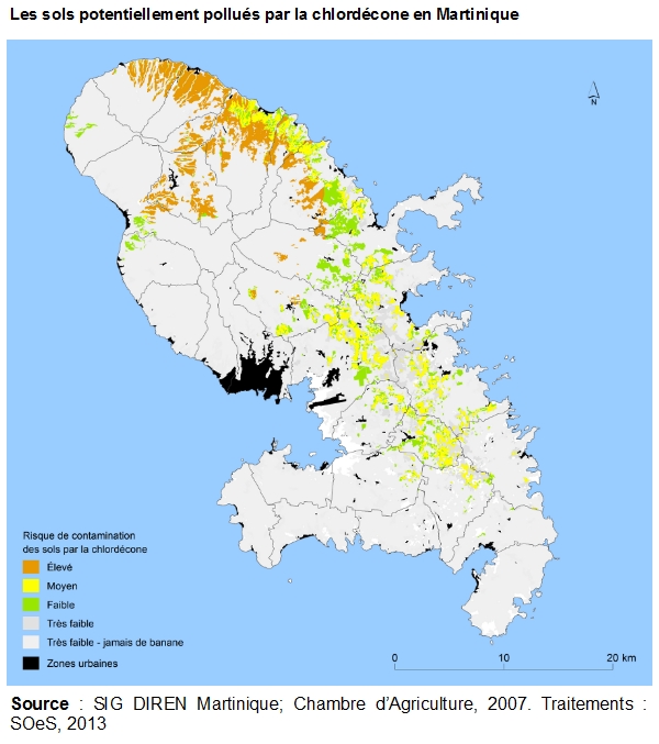 Carte : Les sols potentiellement pollués par la chlordécone en Martinique