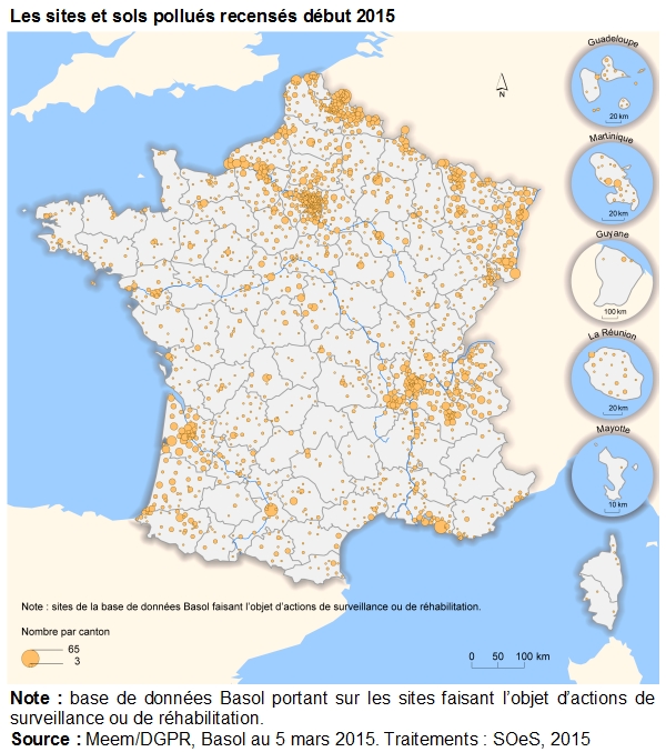Carte : les sites et sols pollués recensés début 2015