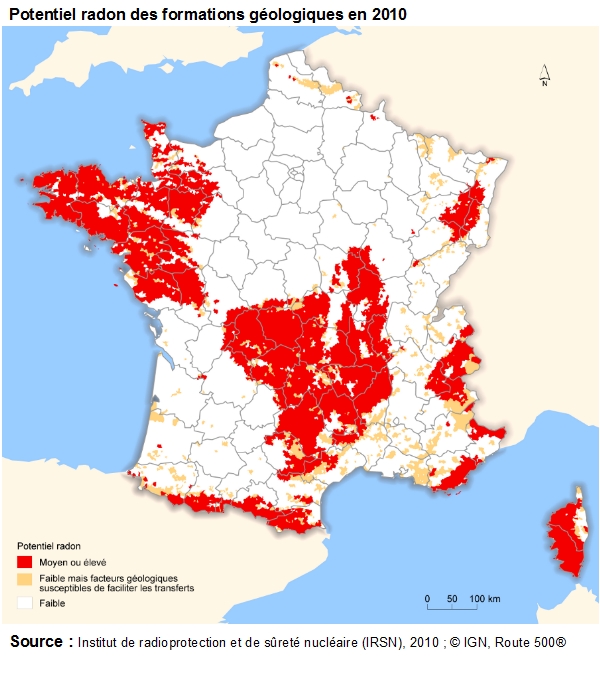 Carte : potentiel radon des formations géologiques en 2010