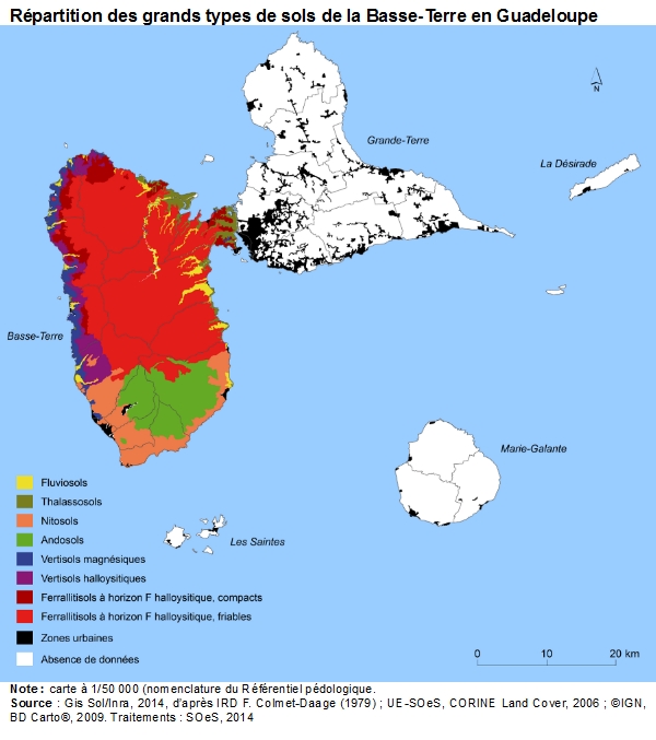 Carte : répartition des grands types de sols de la Basse-Terre en Guadeloupe