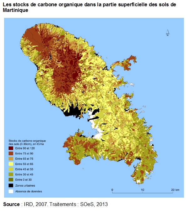 Carte : les stocks de carbone organique dans la partie superficielle des sols de Martinique