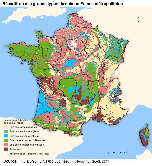 Carte : Répartition des grands types de sols en France métropolitaine