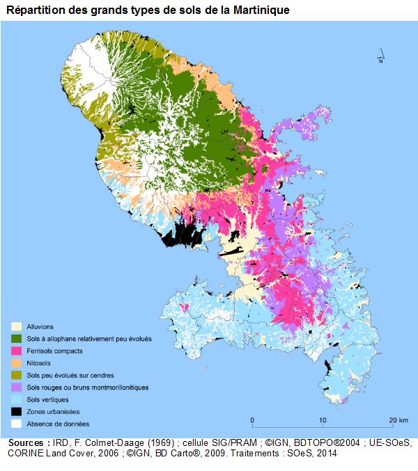 Carte : répartition des grands types de sols de la Martinique