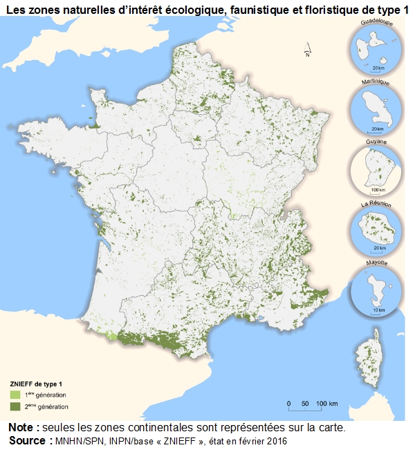 Carte : Les zones naturelles d’intérêt écologique, faunistique et floristique de type 1