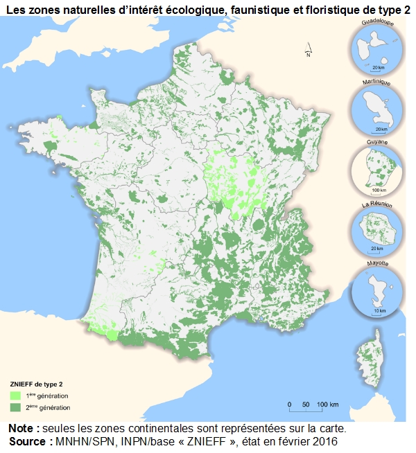 Carte : les zones naturelles d’intérêt écologique, faunistique et floristique de type 2