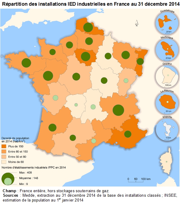 Carte : Répartition des installations IED industrielles en France au 31 décembre 2014