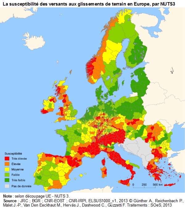 Carte : La susceptibilité des versants aux glissements de terrain en Europe, par NUTS3