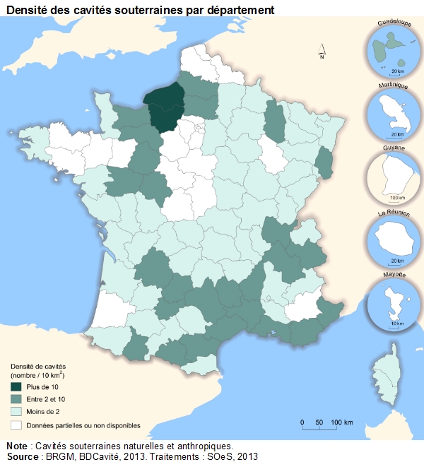 Carte : Densité des cavités souterraines par département