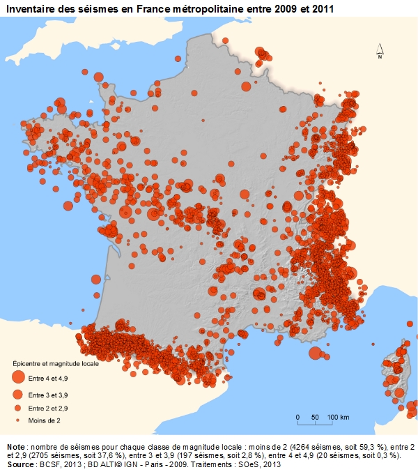 Carte : Inventaire des séismes en France métropolitaine entre 2009 et 2011