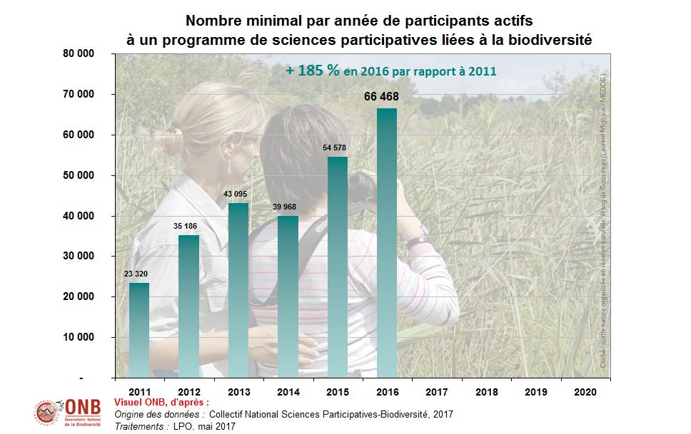Graphe : nombre minimal par année de participants actifs à un programme de sciences participatives liées à la biodiversité