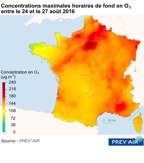 Graphe : Concentrations maximales horaires de fond en O3 du 24 au 27 août 2016