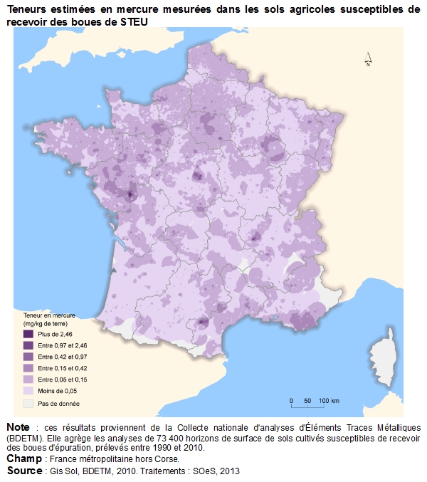 Carte : Teneurs estimées en mercure mesurées dans les sols agricoles susceptibles de recevoir des boues de STEU