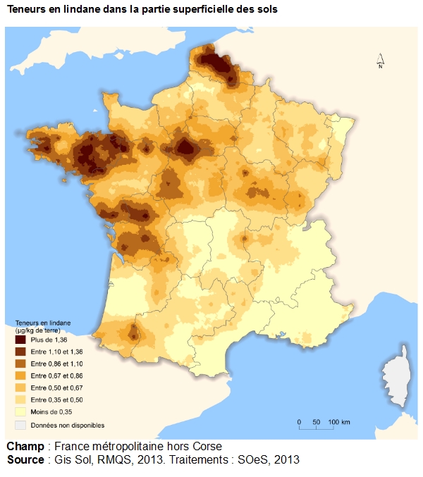 Carte : Teneurs en lindane dans la partie superficielle des sols