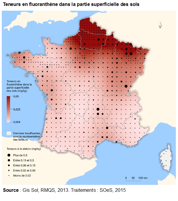 Carte : teneurs en fluoranthène dans la partie superficielle des sols