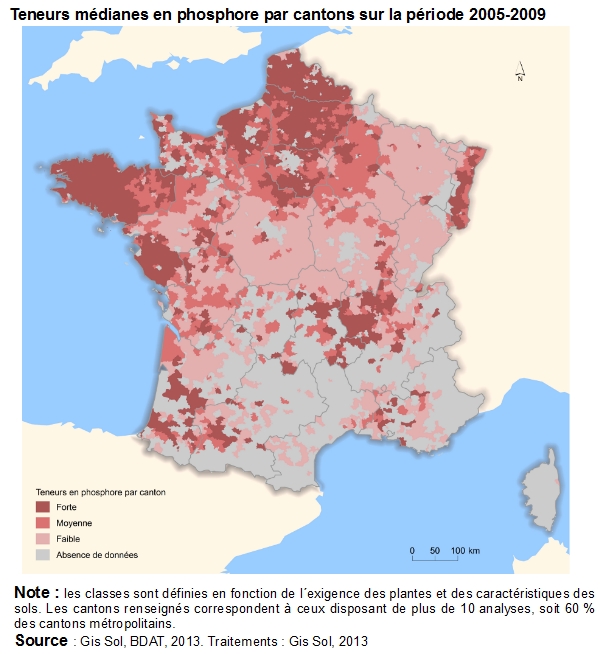 Carte : Teneurs médianes en phosphore par cantons sur la période 2005-2009