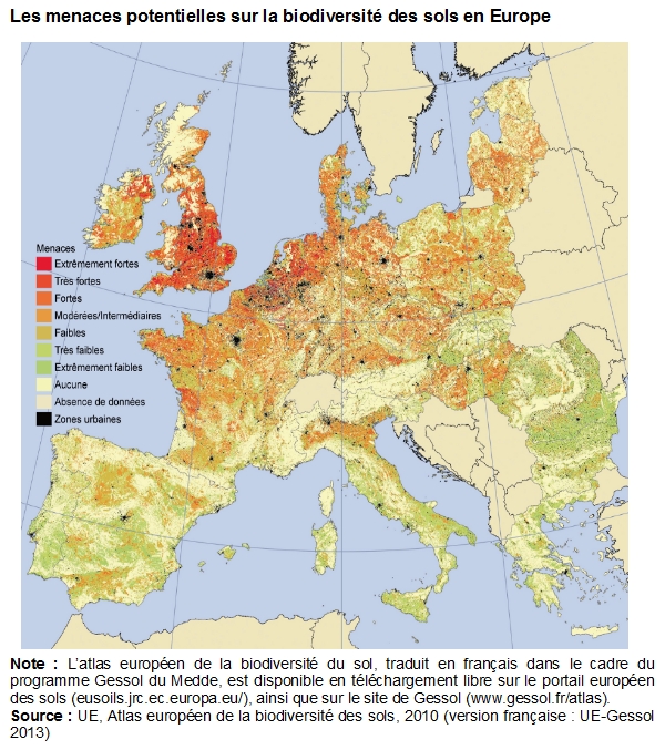 Carte : Les menaces potentielles sur la biodiversité des sols en Europe