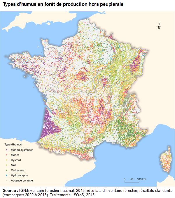 Carte : types d’humus en forêt de production hors peupleraie