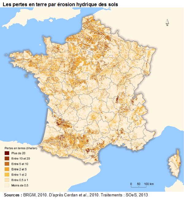 Carte : les pertes en terre par érosion hydrique des sols 