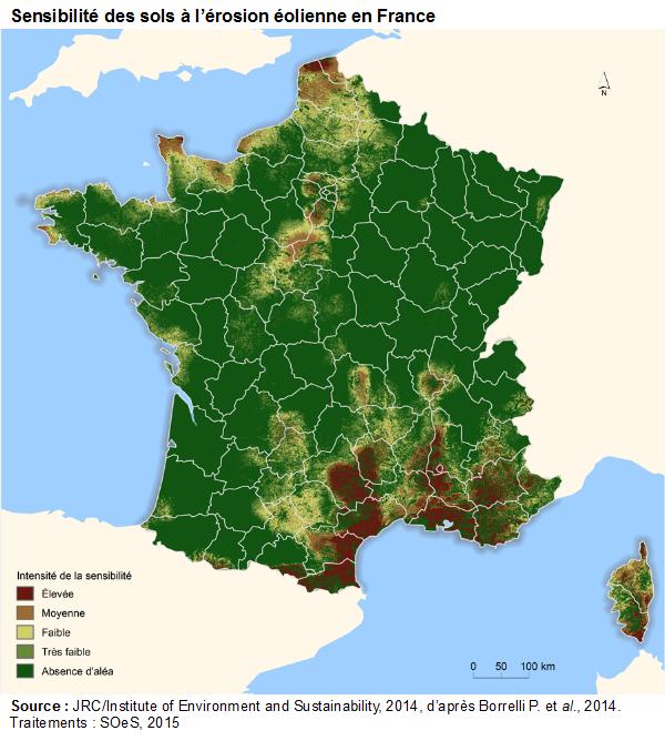 Carte : sensibilité des sols à l’érosion éolienne en France
