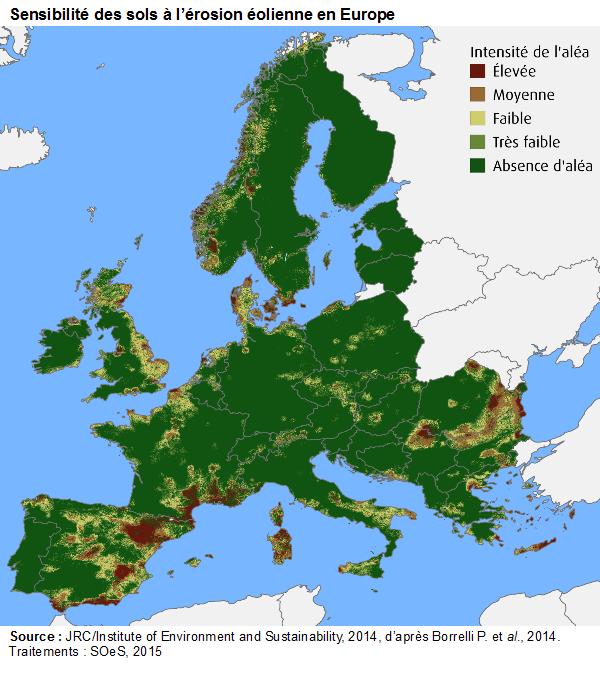 Carte : sensibilité des sols à l’érosion éolienne en Europe