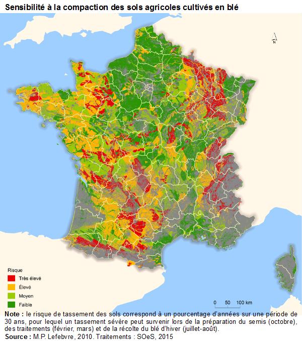 Carte : sensibilité à la compaction des sols agricoles cultivés en blé
