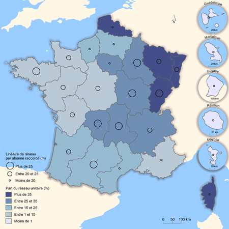 Linéaire du réseau de collecte des eaux usées par abonné et part du réseau unitaire dans le linaire total