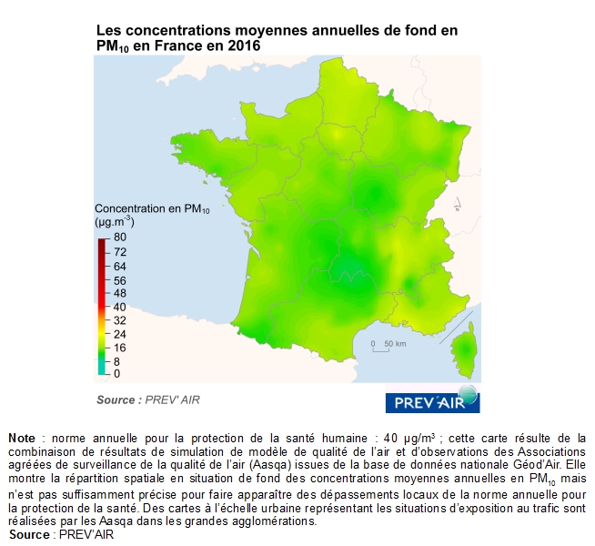 Carte : Les concentrations moyennes annuelles de fond en PM10 en France en 2016