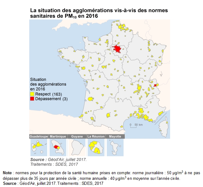 Carte : La situation des agglomérations en 2016 vis-à-vis des normes pour la protection de la santé de PM10