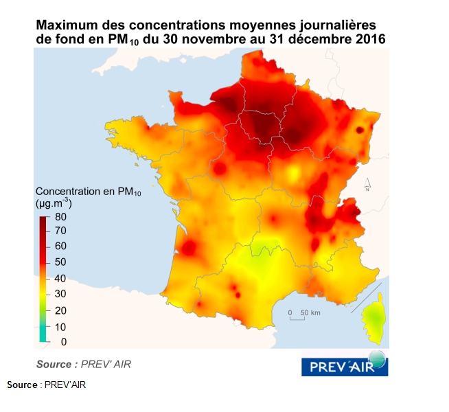 Carte : Maximum des concentrations moyennes journalières de fond en PM10 du 30 novembre au 31 décembre 2016