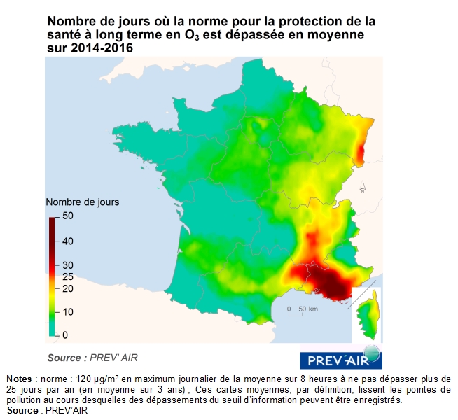 Carte : nombre de jours où la norme pour la protection de la santé à long terme en O3 est dépassée en moyenne sur 2014-2016