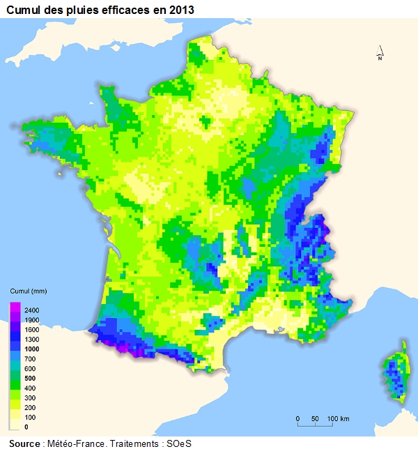 Carte : Cumul des pluies efficaces en 2013