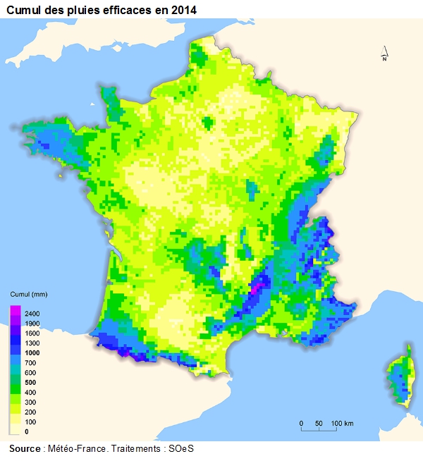 Carte : Cumul des pluies efficaces en 2014