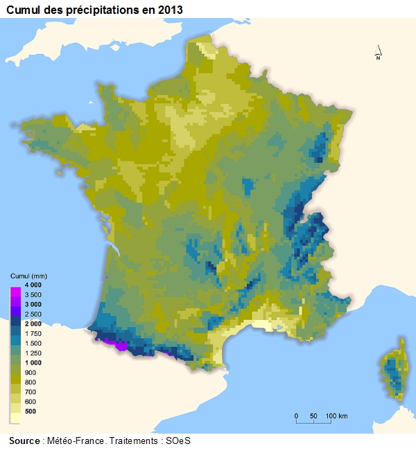 Carte : Cumul des précipitations en 2013