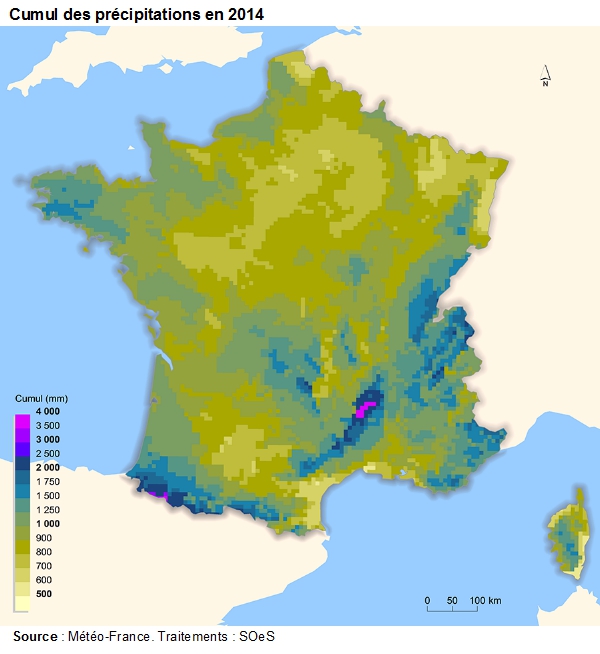 Carte : Cumul des précipitations en 2014