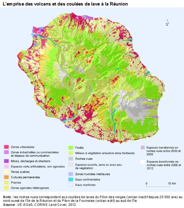 Carte : L’emprise des volcans et des coulées de lave à la Réunion